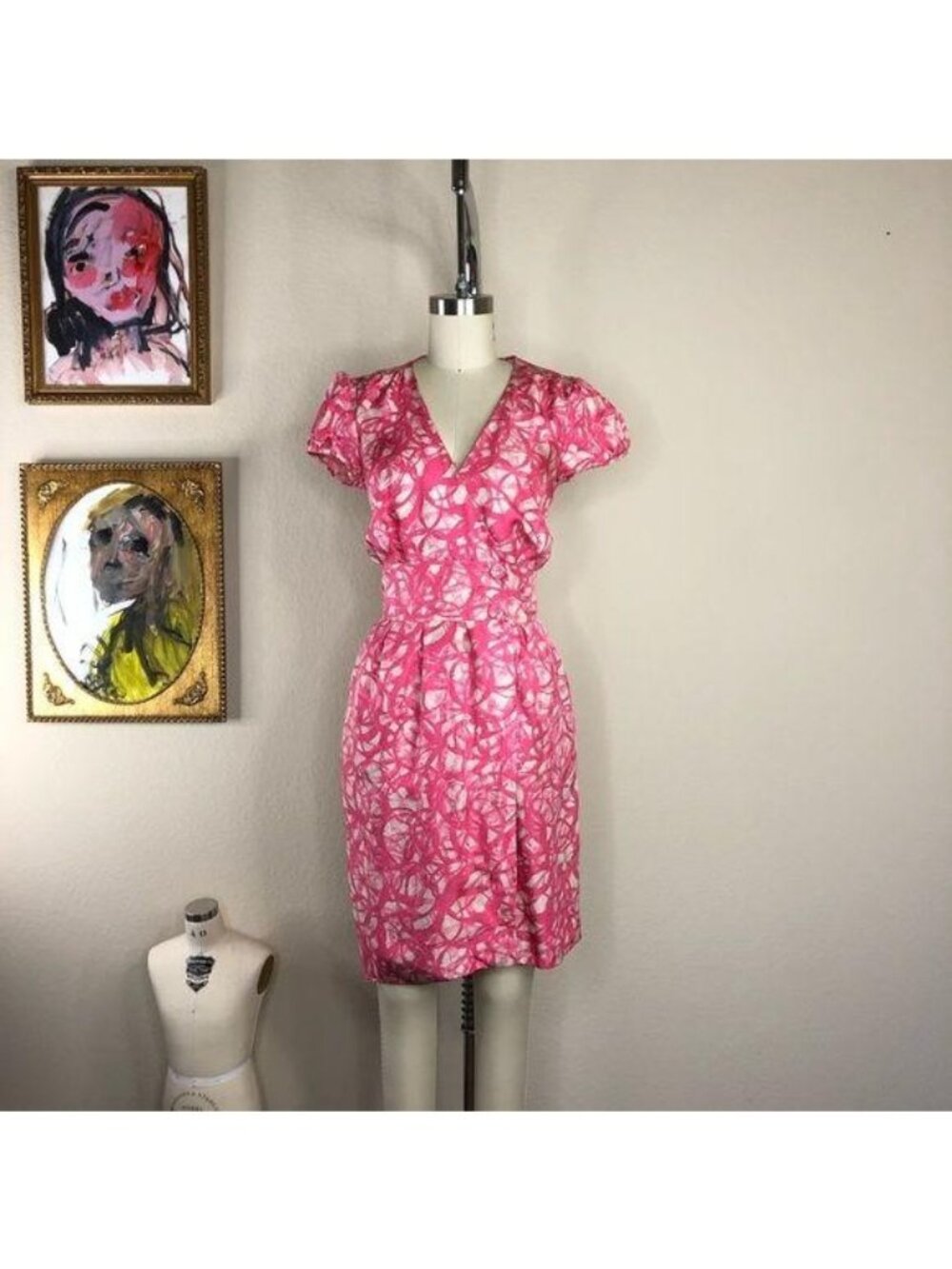 Tocca Silk Wrap Dress V Neck Cap Sleeve Button